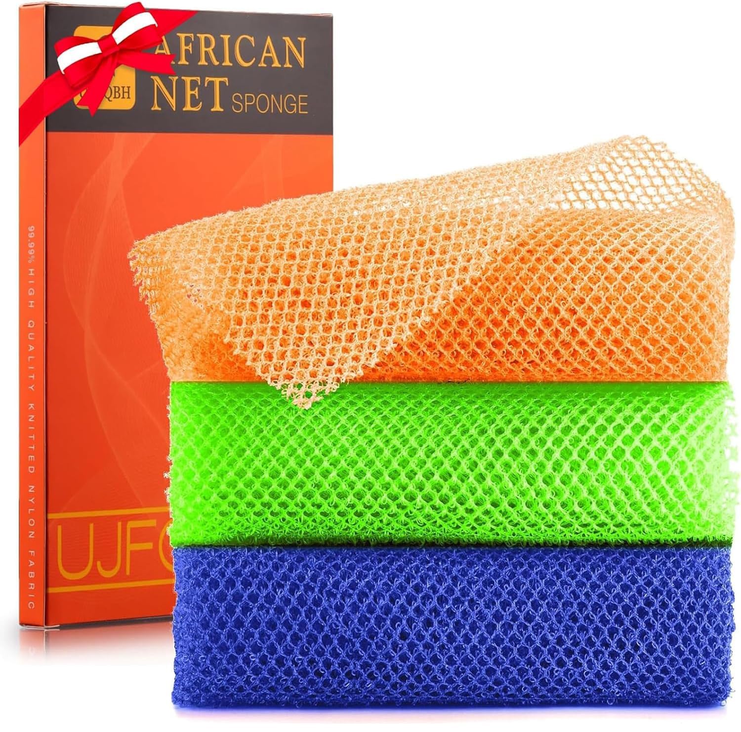 UJFQBH 3 Pieces African Bath Sponge African Net Long Net Bath Sponge Exfoliating Shower Body Scrubber Back Scrubber Skin Smoother,Great for Daily Use (Pink,Yellow,Purple)